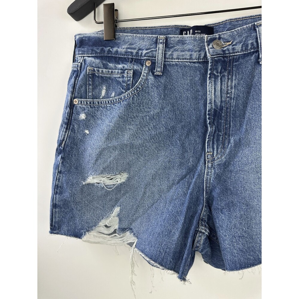 NWT GAP High Rise Destructed Stride Shorts Blue Denim Jean Distressed Size 16 33 - Picture 3 of 10